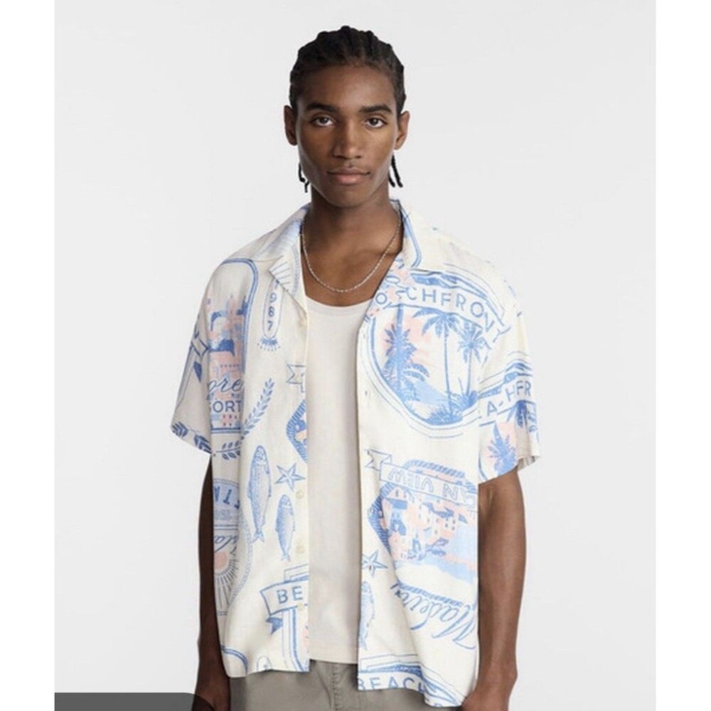 Men's Cream Boxy Fit Linen Blend Resort Beach Camp Shirt Travel Sz L